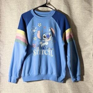 Disney Lilo & Stitch Pullover Sweatshirt Womens Blue Raglan Striped Sleeves M